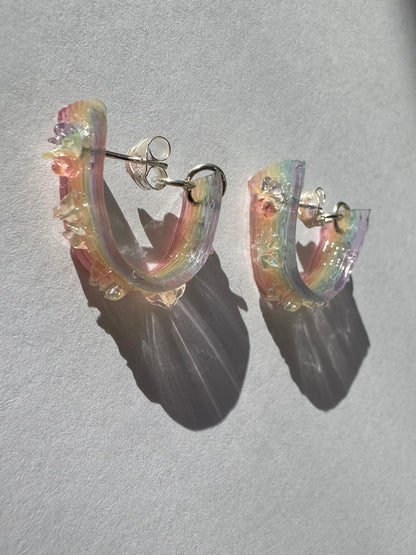 Rainbow Jelly with Star-Flowers Hoop Earrings - Long
