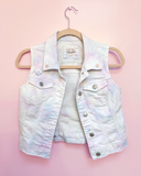 Pastel Tie Dyed Denim Vest - White, Pink, Blue, & Lavender - with Rosequartz Pyramid Studs and Holographic Pin - Size Small sm