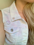Pastel Tie Dyed Denim Vest - White, Pink, Blue, & Lavender - with Rosequartz Pyramid Studs and Holographic Pin - Size Small sm