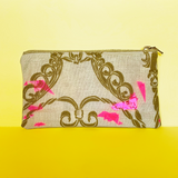 "Broken Glass" Confetti Bag - Gold Scroll Design - Neon pink - Clutch - Zipper Pouch - makeup case - sm med - Handmade by Christina Thomas