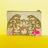 "Broken Glass" Confetti Bag - Gold Scroll Design - Neon pink - Clutch - Zipper Pouch - makeup case - sm med - Handmade by Christina Thomas