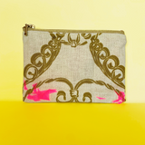 "Broken Glass" Confetti Bag - Gold Scroll Design - Neon pink - Clutch - Zipper Pouch - makeup case - sm med - Handmade by Christina Thomas