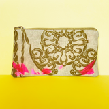 "Broken Glass" Confetti Bag - Gold Scroll Design - Neon pink - Clutch - Zipper Pouch - makeup case - sm med - Handmade by Christina Thomas